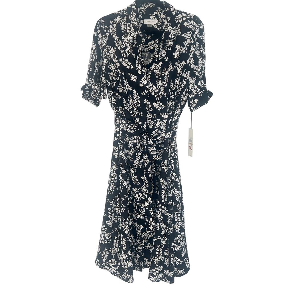 NWT $139 Calvin Klein Black & White Floral Fit & Flare Shirt Dress Size 12